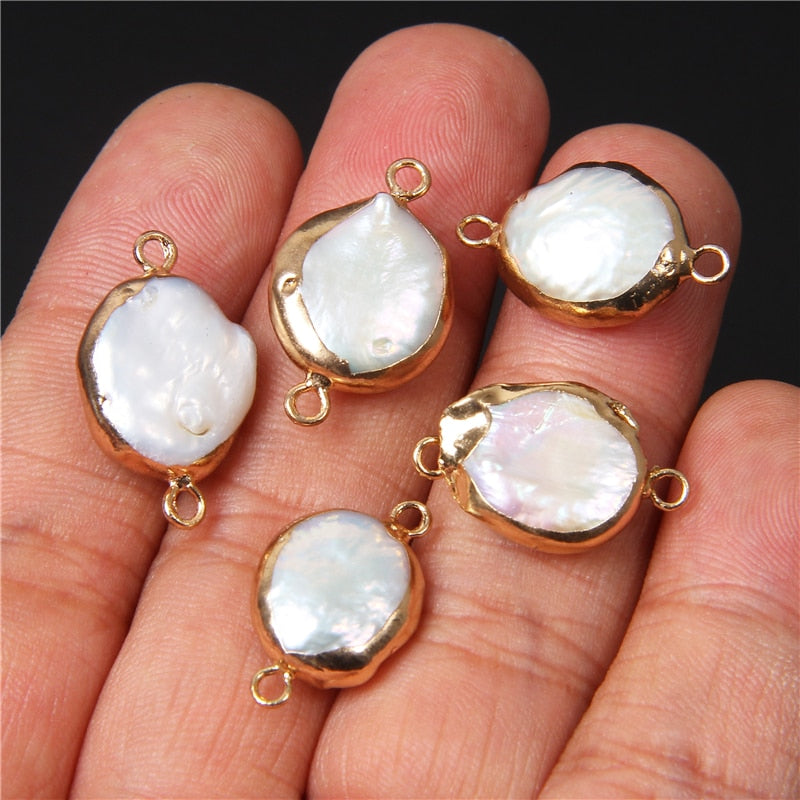 Natural Coin Flat Pearl Charms Connectors (3PCS)