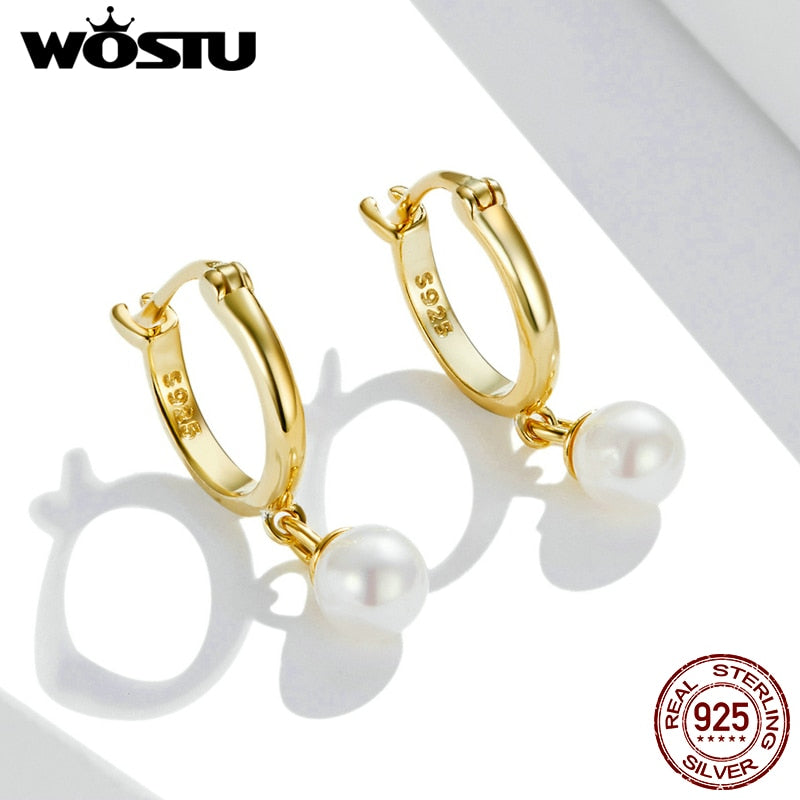 WOSTU 925 Sterling Silver Shining Shell Pearl Golden Zircon Stud Earrings For Women Wedding Fashion Anniversary Jewelry CQE1257