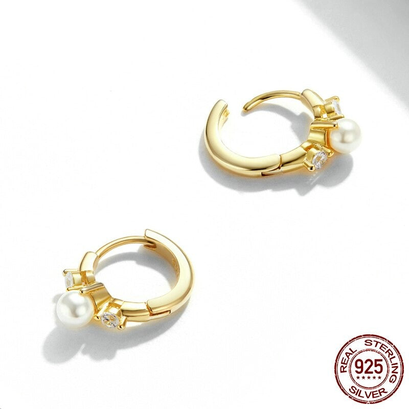 Shining Shell Pearl Golden Zircon Stud Earrings