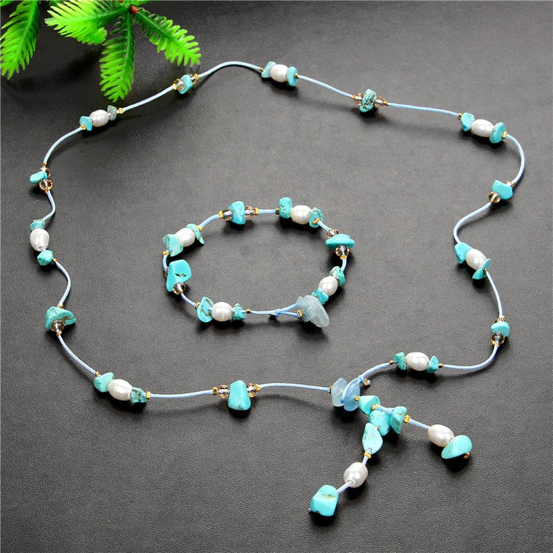 Blue Turquoises Stone Rope Natural Freshwater Pearl Bracelet