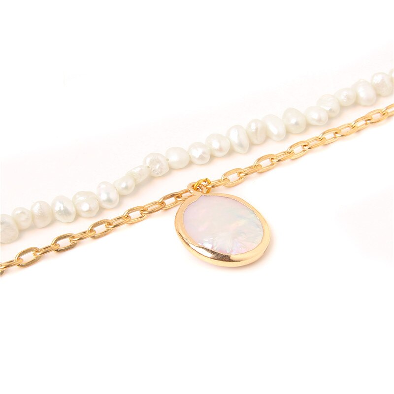 Metal Double Layer Chains Natural Pearl Pendant Necklace