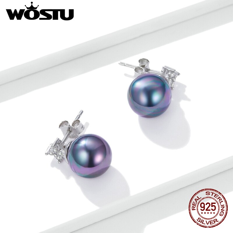 WOSTU 925 Sterling Silver Shiny CZ Stud Earrings Elegant Pearl Earrings For Women Fashion Silver Jewelry CTE498