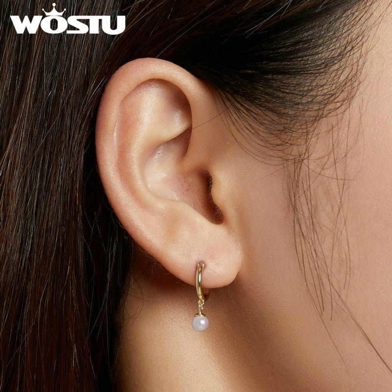 WOSTU 925 Sterling Silver Shining Shell Pearl Golden Zircon Stud Earrings For Women Wedding Fashion Anniversary Jewelry CQE1257