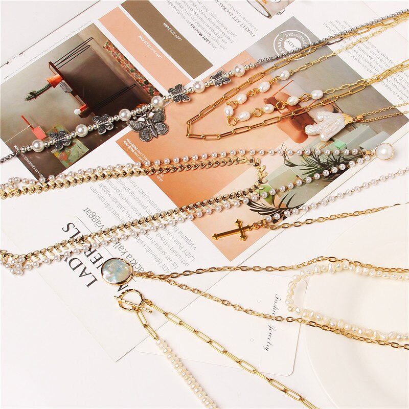 Metal Double Layer Chains Natural Pearl Pendant Necklace
