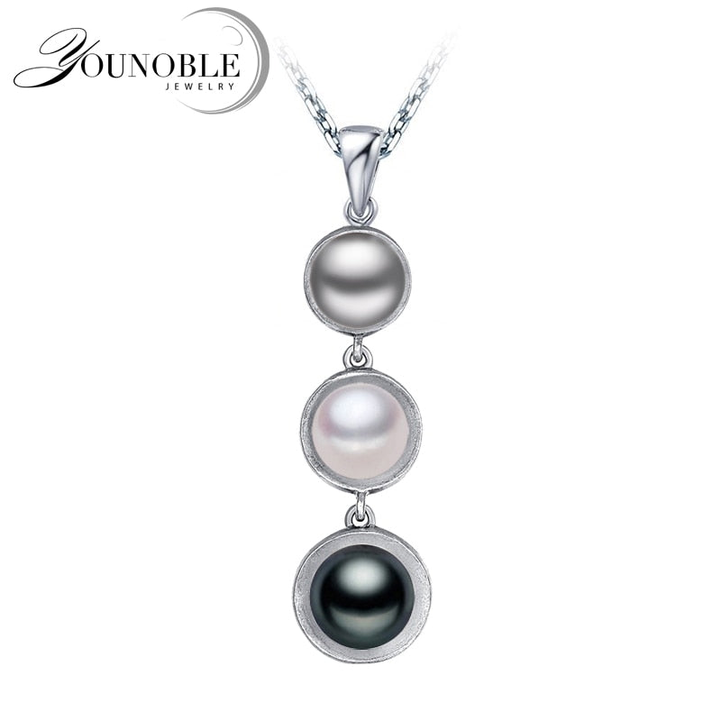 Real 925 Sterling Silver Pearl Necklace Pendant Women,Black White Natural Pearl Necklace Bridal Gift