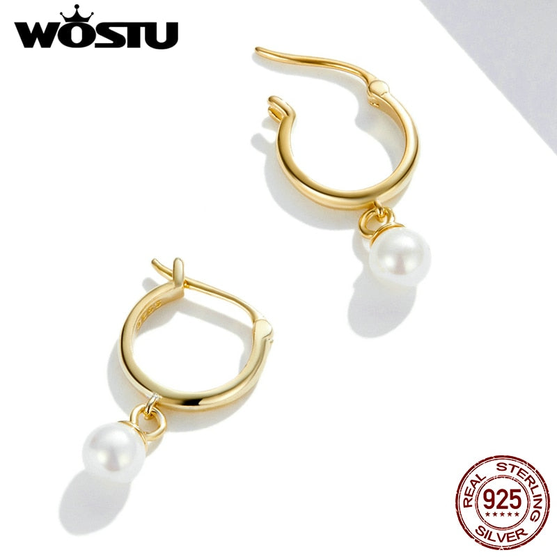 WOSTU 925 Sterling Silver Shining Shell Pearl Golden Zircon Stud Earrings For Women Wedding Fashion Anniversary Jewelry CQE1257