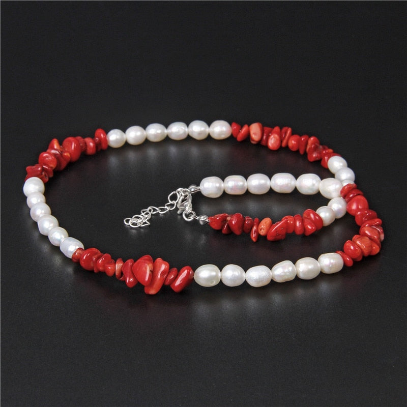 Amethysts &amp; Red Coral Turquoises Natural Pearls Necklace