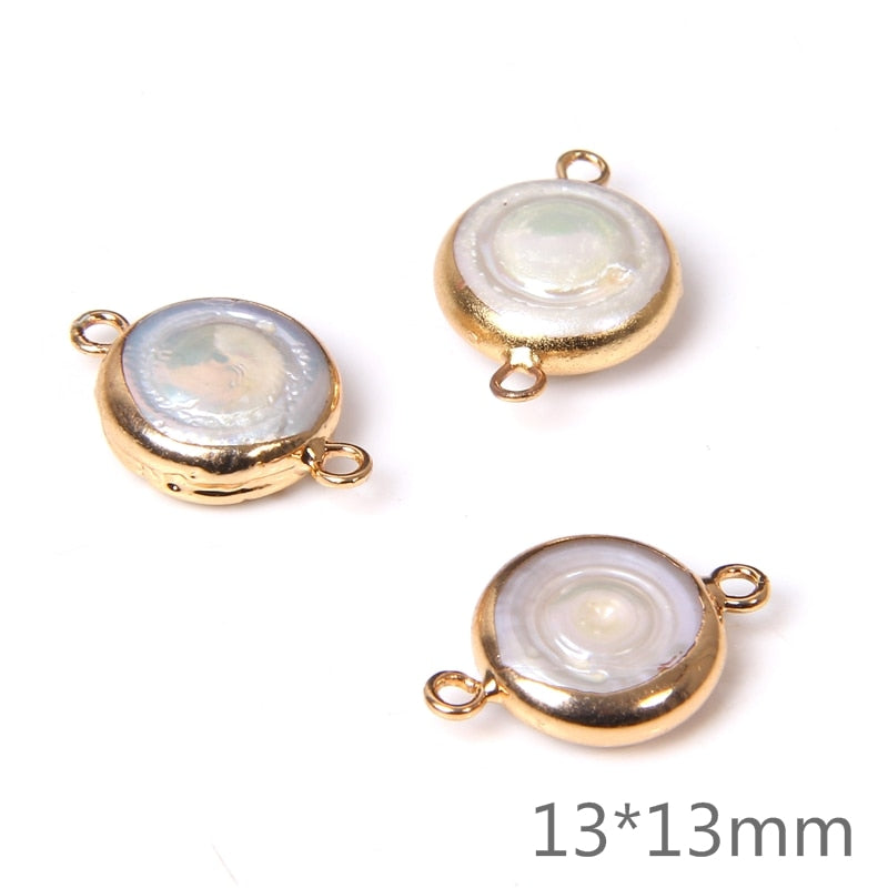 Natural Coin Flat Pearl Charms Connectors (3PCS)