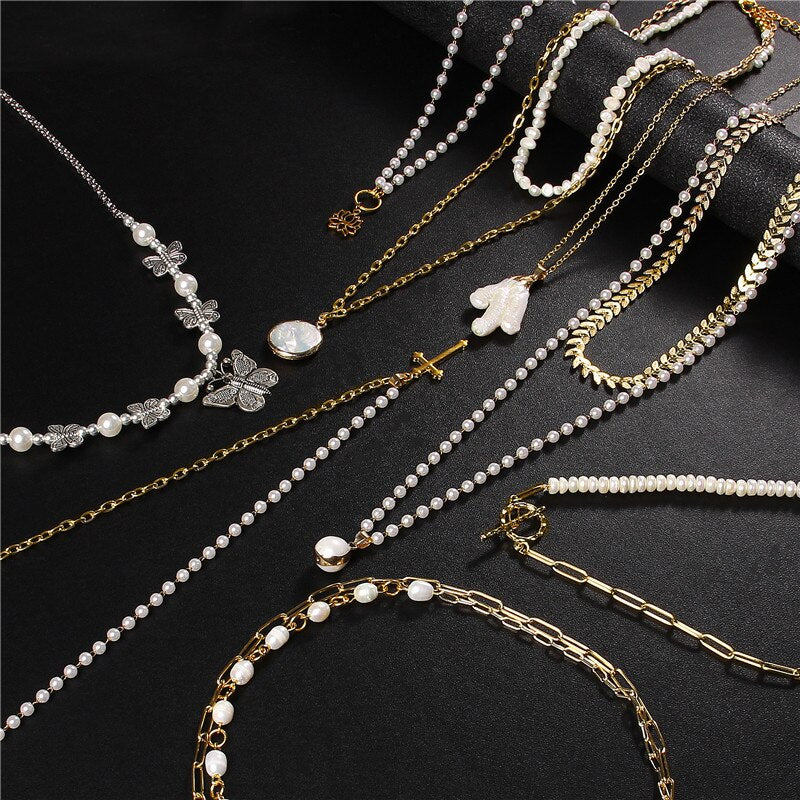 Metal Double Layer Chains Natural Pearl Pendant Necklace