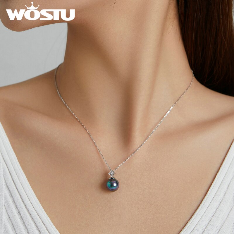 WOSTU 925 Sterling Silver Necklace Elegant Pearl Ball Long Chain Link Necklace For Women Fashion Jewelry CTN226