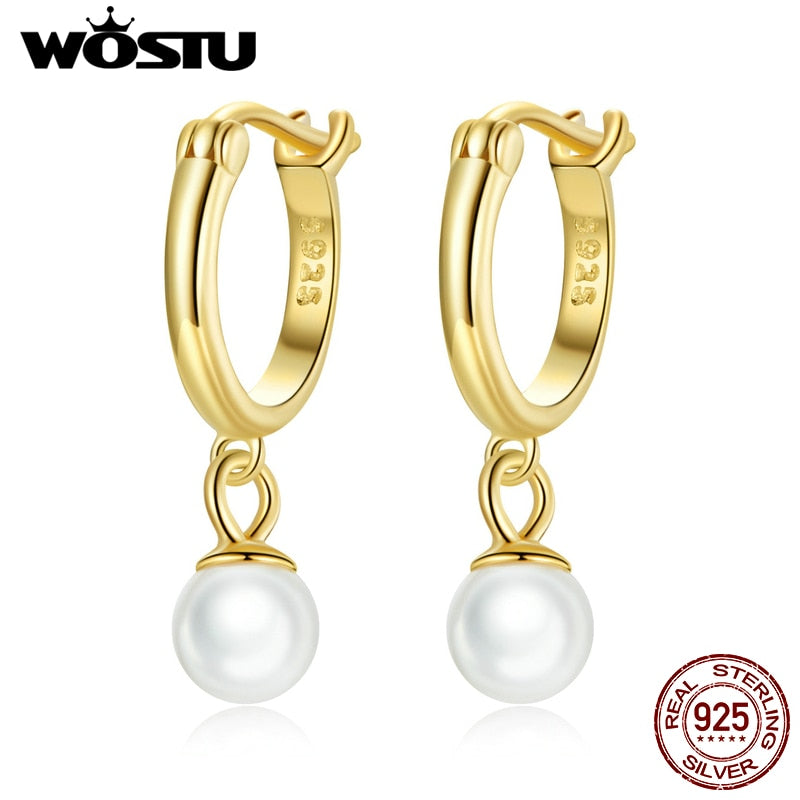 WOSTU 925 Sterling Silver Shining Shell Pearl Golden Zircon Stud Earrings For Women Wedding Fashion Anniversary Jewelry CQE1257