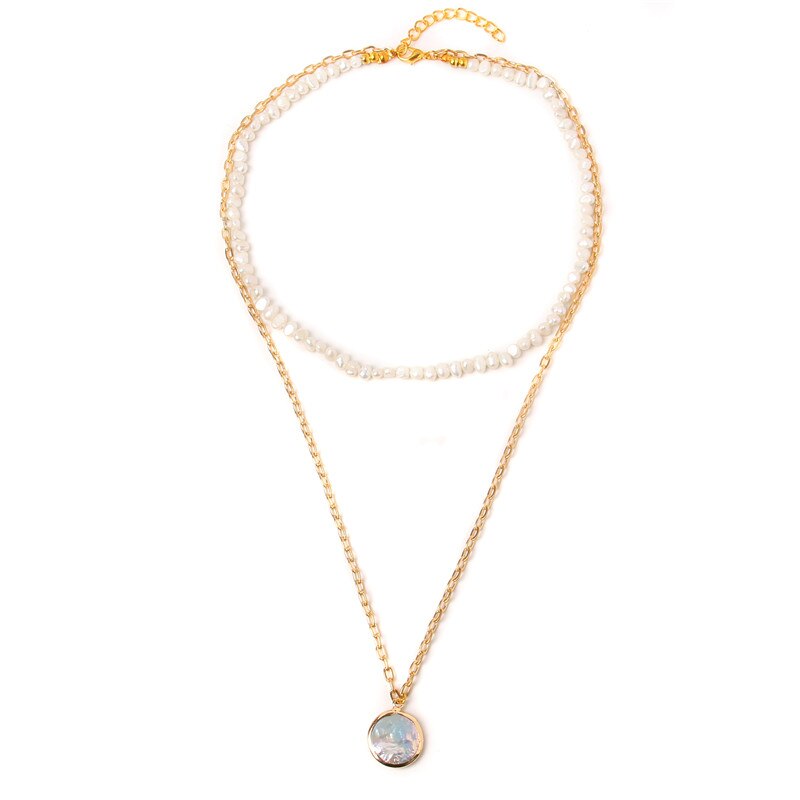 Metal Double Layer Chains Natural Pearl Pendant Necklace