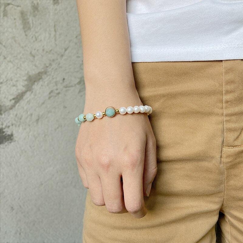Natural Stone Amazonite Freshwater Pearl Bracelet