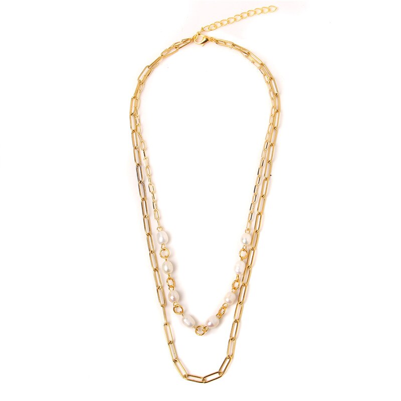 Metal Double Layer Chains Natural Pearl Pendant Necklace