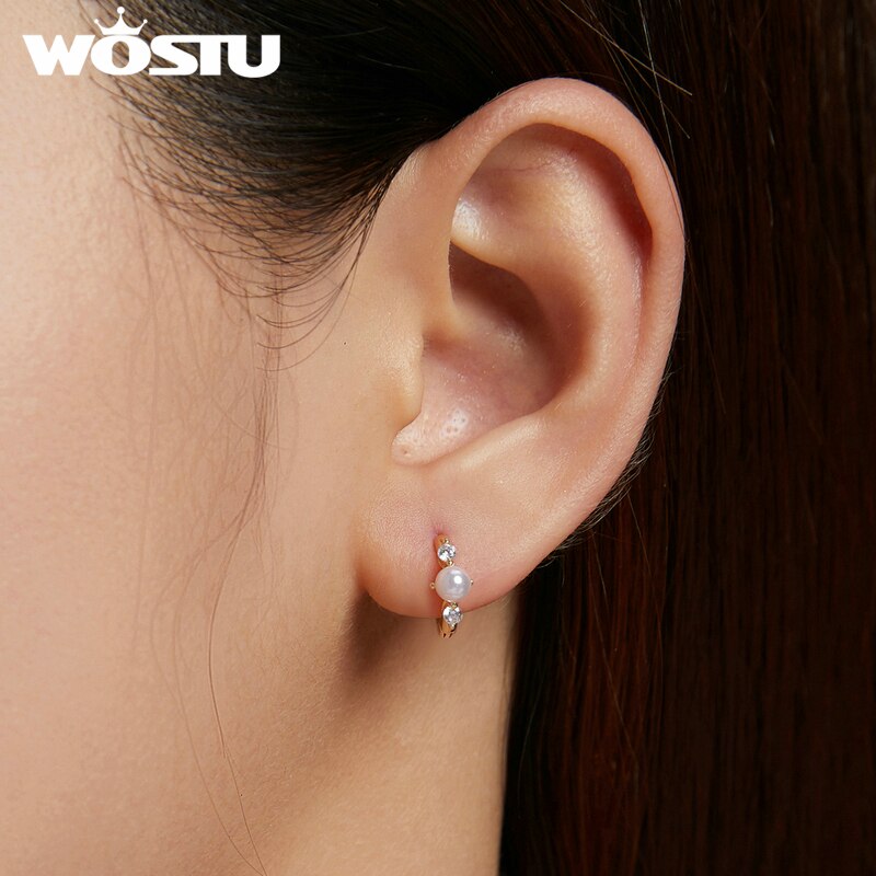 Shining Shell Pearl Golden Zircon Stud Earrings