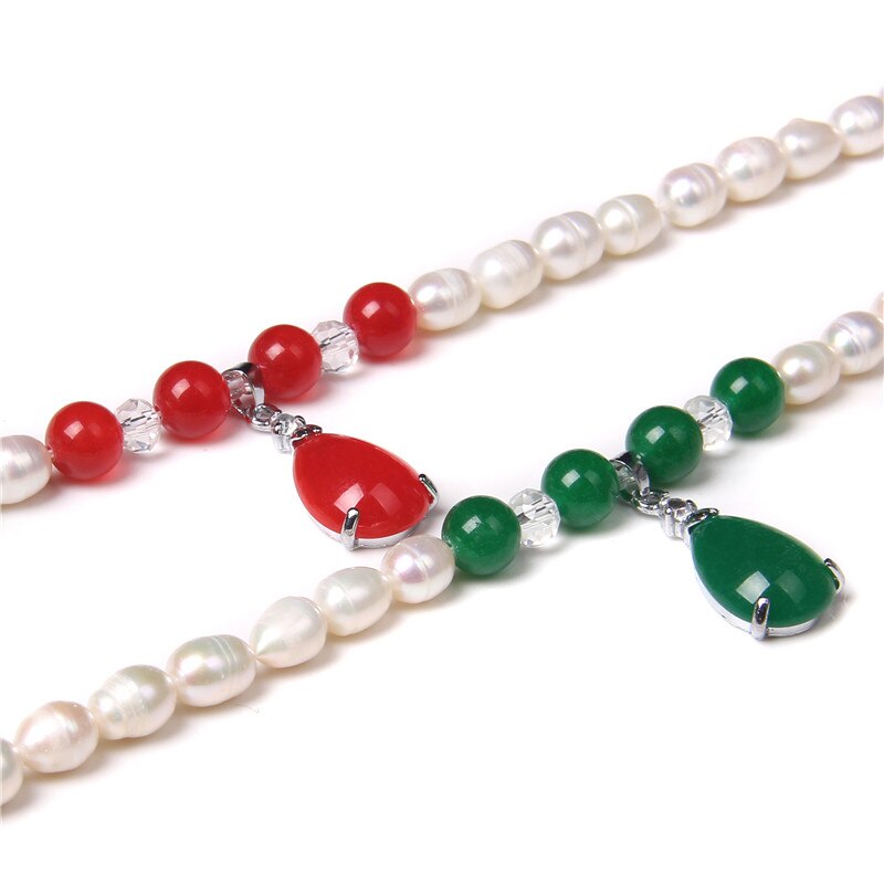 Green &amp; Red Agates Pendant Natural Pearl Necklace