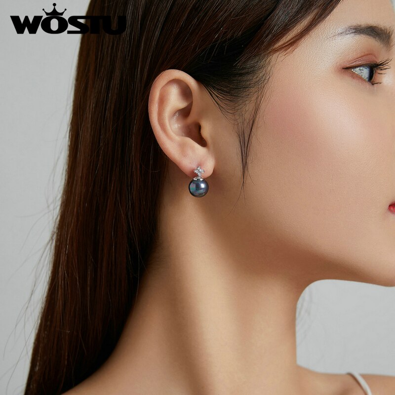 WOSTU 925 Sterling Silver Shiny CZ Stud Earrings Elegant Pearl Earrings For Women Fashion Silver Jewelry CTE498