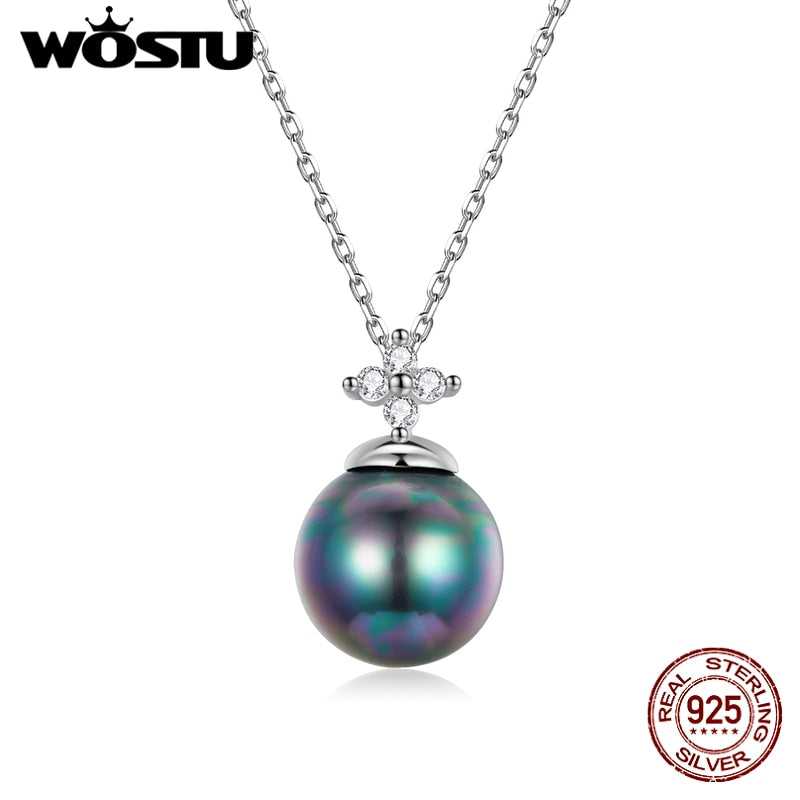WOSTU 925 Sterling Silver Necklace Elegant Pearl Ball Long Chain Link Necklace For Women Fashion Jewelry CTN226