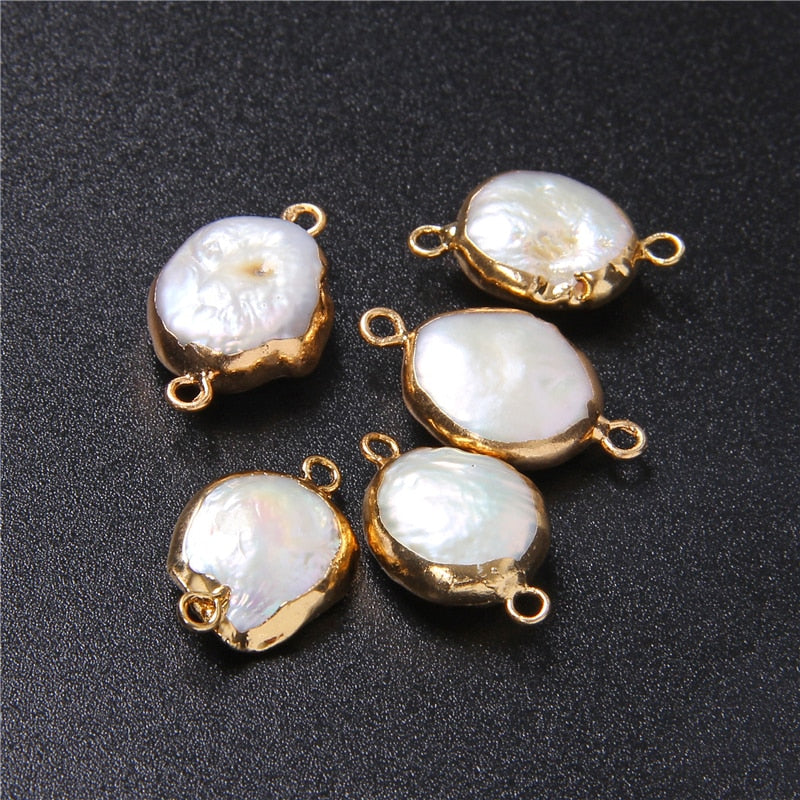 Natural Coin Flat Pearl Charms Connectors (3PCS)