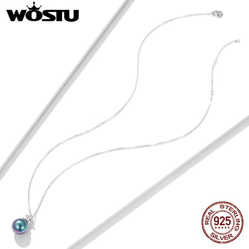 WOSTU 925 Sterling Silver Necklace Elegant Pearl Ball Long Chain Link Necklace For Women Fashion Jewelry CTN226