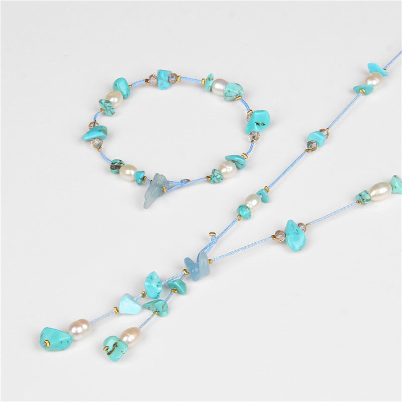 Bohemia Blue Turquoises Natural Baroque Pearl Necklace