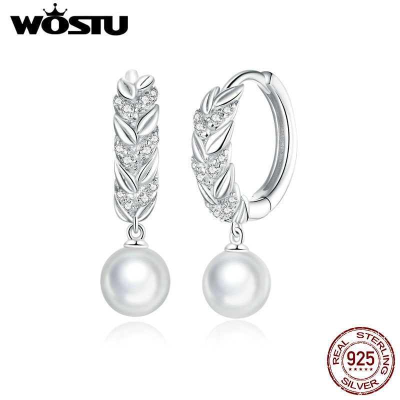 WOSTU Real 925 Sterling Silver Earrings Shining CZ Wheat Pearl Hoop Earrings Earrings For Women Friendship Jewelry CTE446