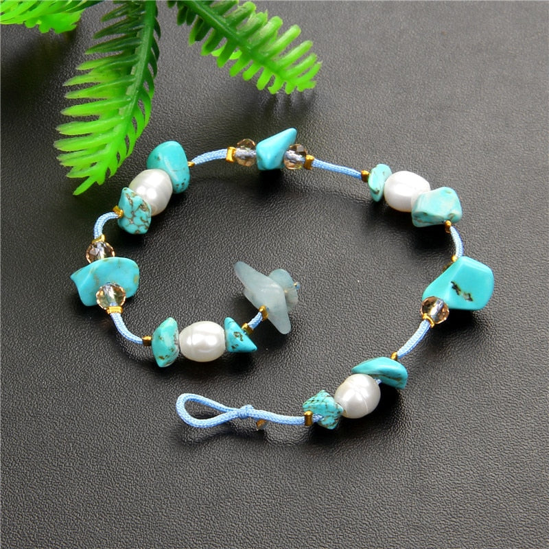 Blue Turquoises Stone Rope Natural Freshwater Pearl Bracelet