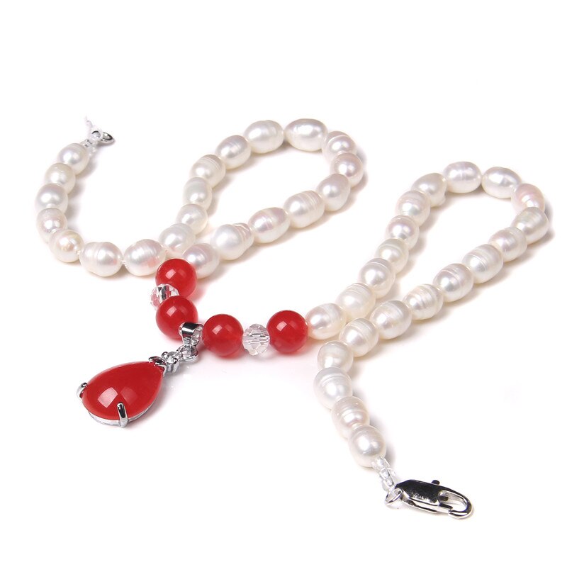 Green &amp; Red Agates Pendant Natural Pearl Necklace