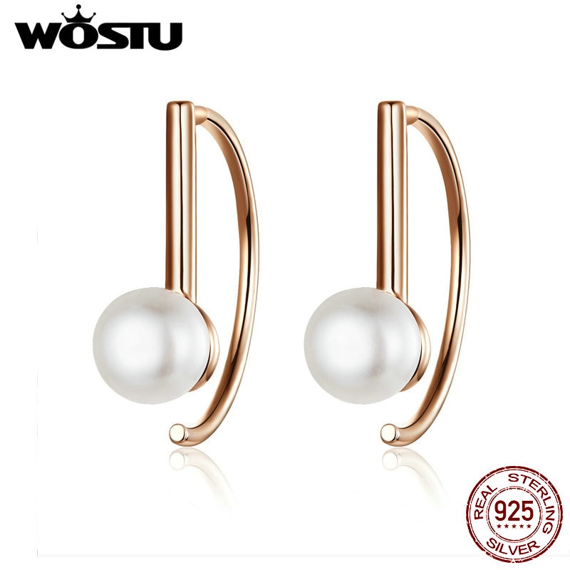 WOSTU Rose Gold Semicircle Stud Earrings 925 Sterling Silver Freshwater Pearls Small Earrings For Women Wedding Jewelry CQE604