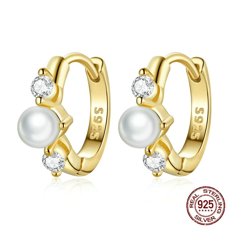 Shining Shell Pearl Golden Zircon Stud Earrings