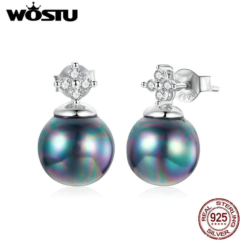 WOSTU 925 Sterling Silver Shiny CZ Stud Earrings Elegant Pearl Earrings For Women Fashion Silver Jewelry CTE498