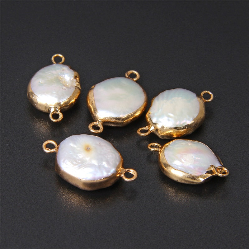 Natural Coin Flat Pearl Charms Connectors (3PCS)