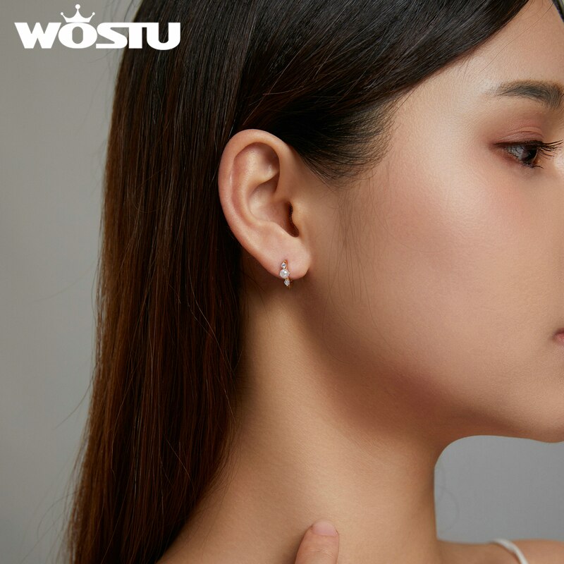 Shining Shell Pearl Golden Zircon Stud Earrings