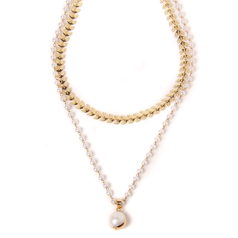 Metal Double Layer Chains Natural Pearl Pendant Necklace