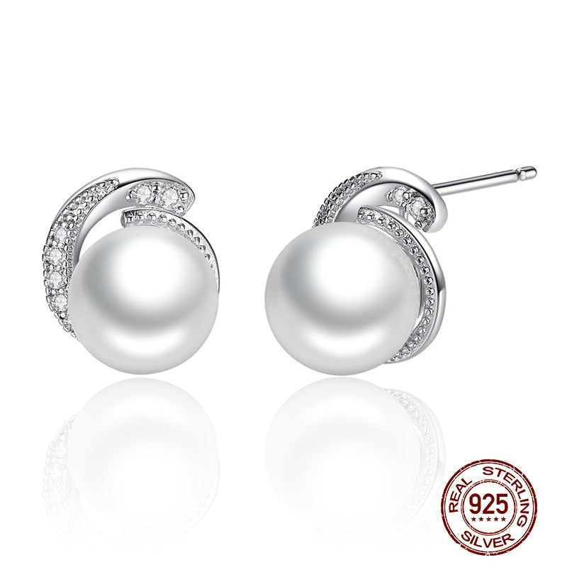 Pearl Stud Earrings With Clear CZ Crystal