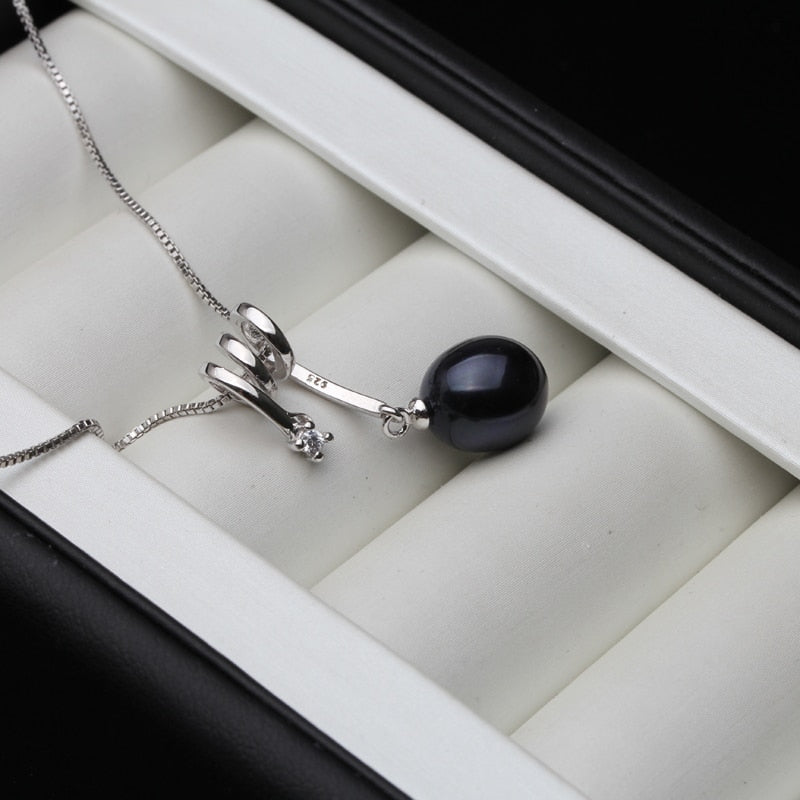 Fashion 925 Sterling Silver Pendant Pearl Women,Real Black Natural Freshwater Pearl Necklace Bridal Gift