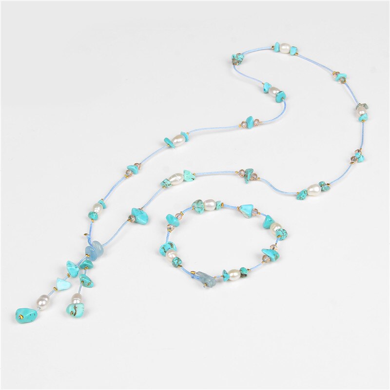 Blue Turquoises Stone Rope Natural Freshwater Pearl Bracelet