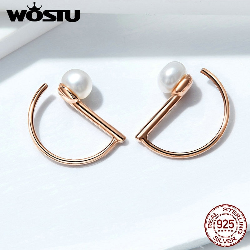WOSTU Rose Gold Semicircle Stud Earrings 925 Sterling Silver Freshwater Pearls Small Earrings For Women Wedding Jewelry CQE604