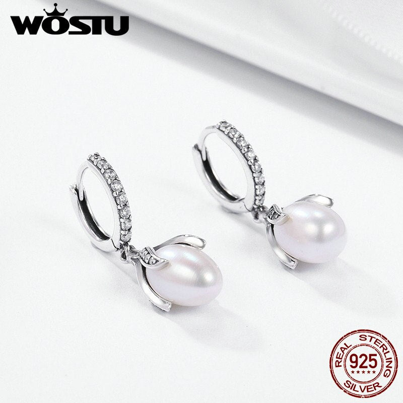 WOSTU Authentic 925 Sterling Silver Blooming Flower Petal Freshwater Pearl Drop Earrings for Women Luxury Silver Jewelry CQE259