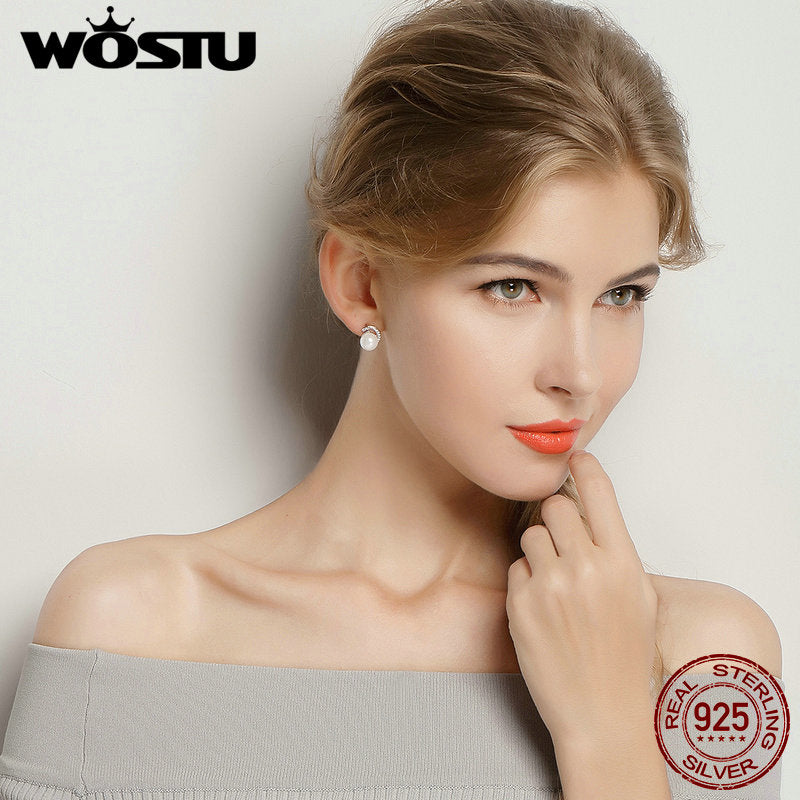 Pearl Stud Earrings With Clear CZ Crystal