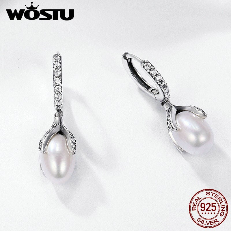 WOSTU Authentic 925 Sterling Silver Blooming Flower Petal Freshwater Pearl Drop Earrings for Women Luxury Silver Jewelry CQE259
