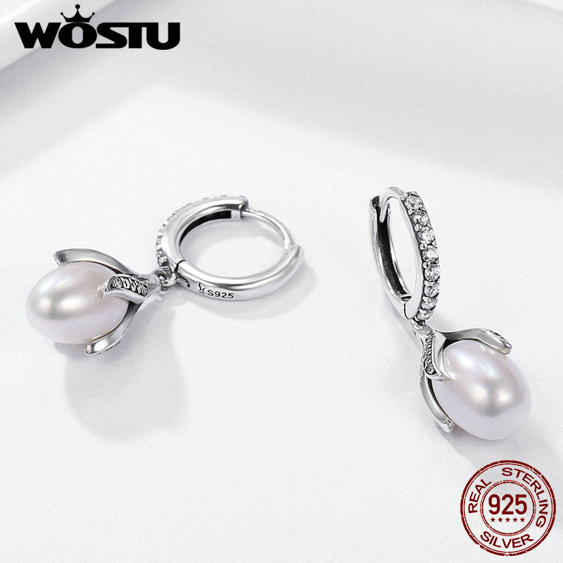 WOSTU Authentic 925 Sterling Silver Blooming Flower Petal Freshwater Pearl Drop Earrings for Women Luxury Silver Jewelry CQE259