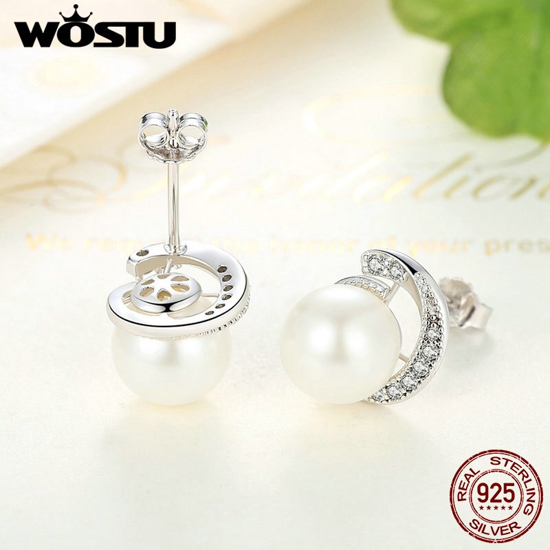 Pearl Stud Earrings With Clear CZ Crystal