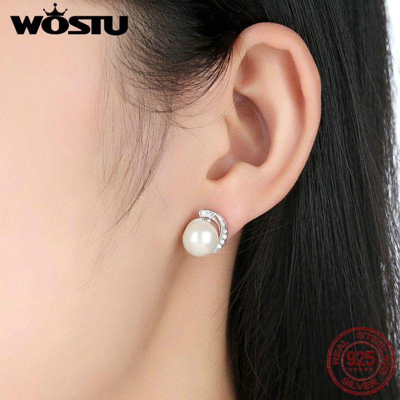 Pearl Stud Earrings With Clear CZ Crystal
