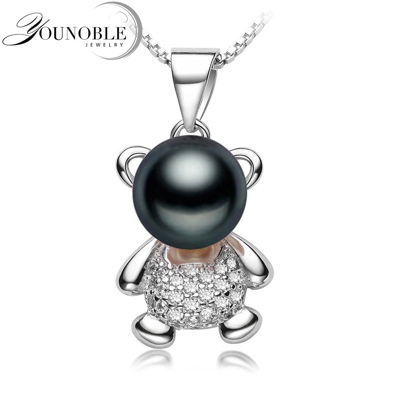 Real Freshwater Pearl 925 Silver Necklace Women,Bear Black Natural Pearl Pendants Fine Jewelry