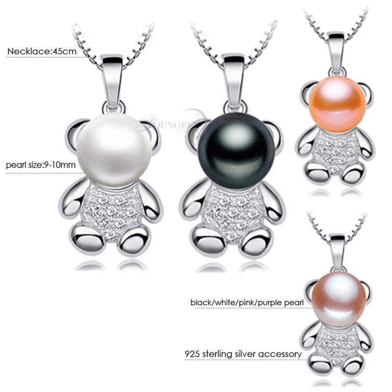 Real Freshwater Pearl 925 Silver Necklace Women,Bear Black Natural Pearl Pendants Fine Jewelry