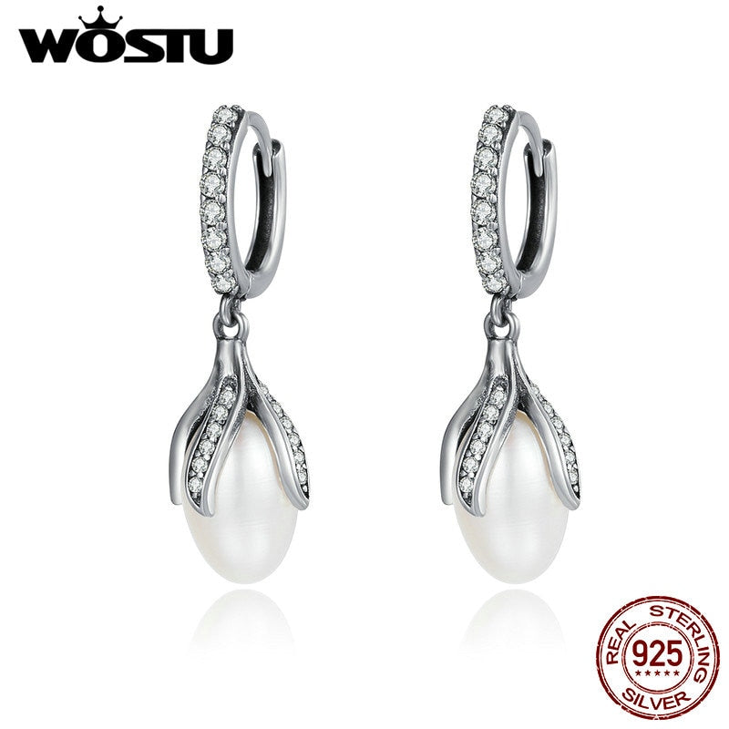 WOSTU Authentic 925 Sterling Silver Blooming Flower Petal Freshwater Pearl Drop Earrings for Women Luxury Silver Jewelry CQE259