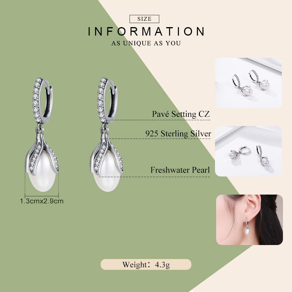 WOSTU Authentic 925 Sterling Silver Blooming Flower Petal Freshwater Pearl Drop Earrings for Women Luxury Silver Jewelry CQE259