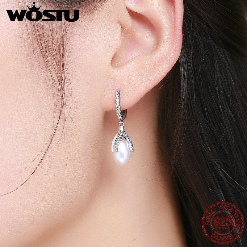 WOSTU Authentic 925 Sterling Silver Blooming Flower Petal Freshwater Pearl Drop Earrings for Women Luxury Silver Jewelry CQE259