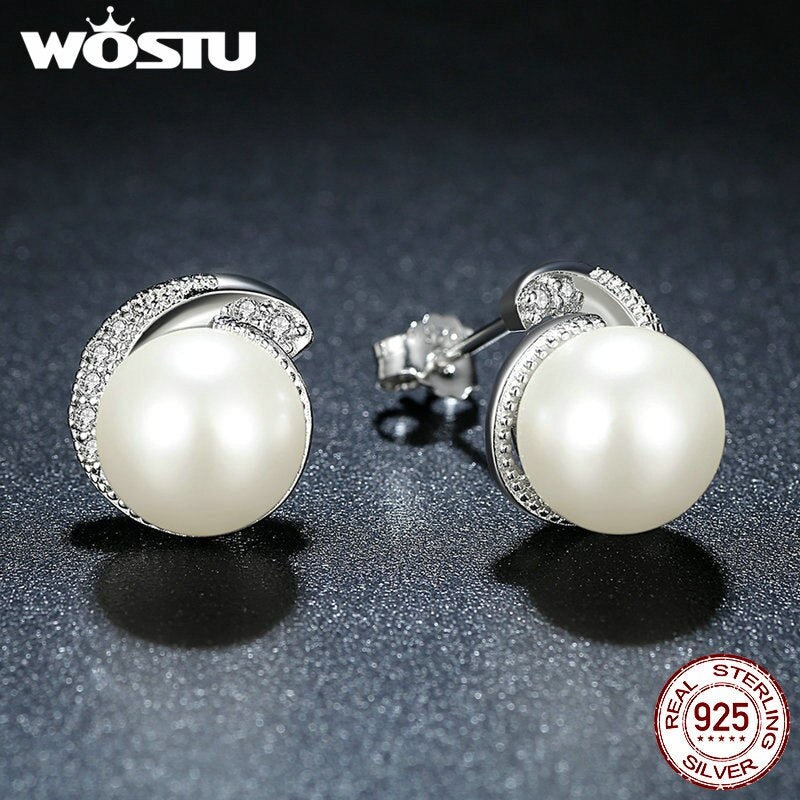 Pearl Stud Earrings With Clear CZ Crystal